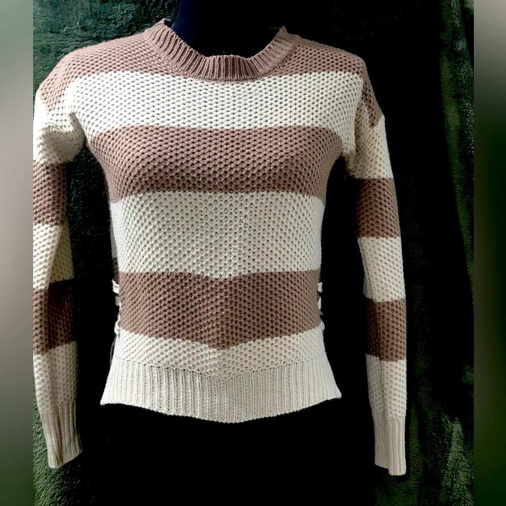 Striped Crewneck Sweater - Cream & Brown